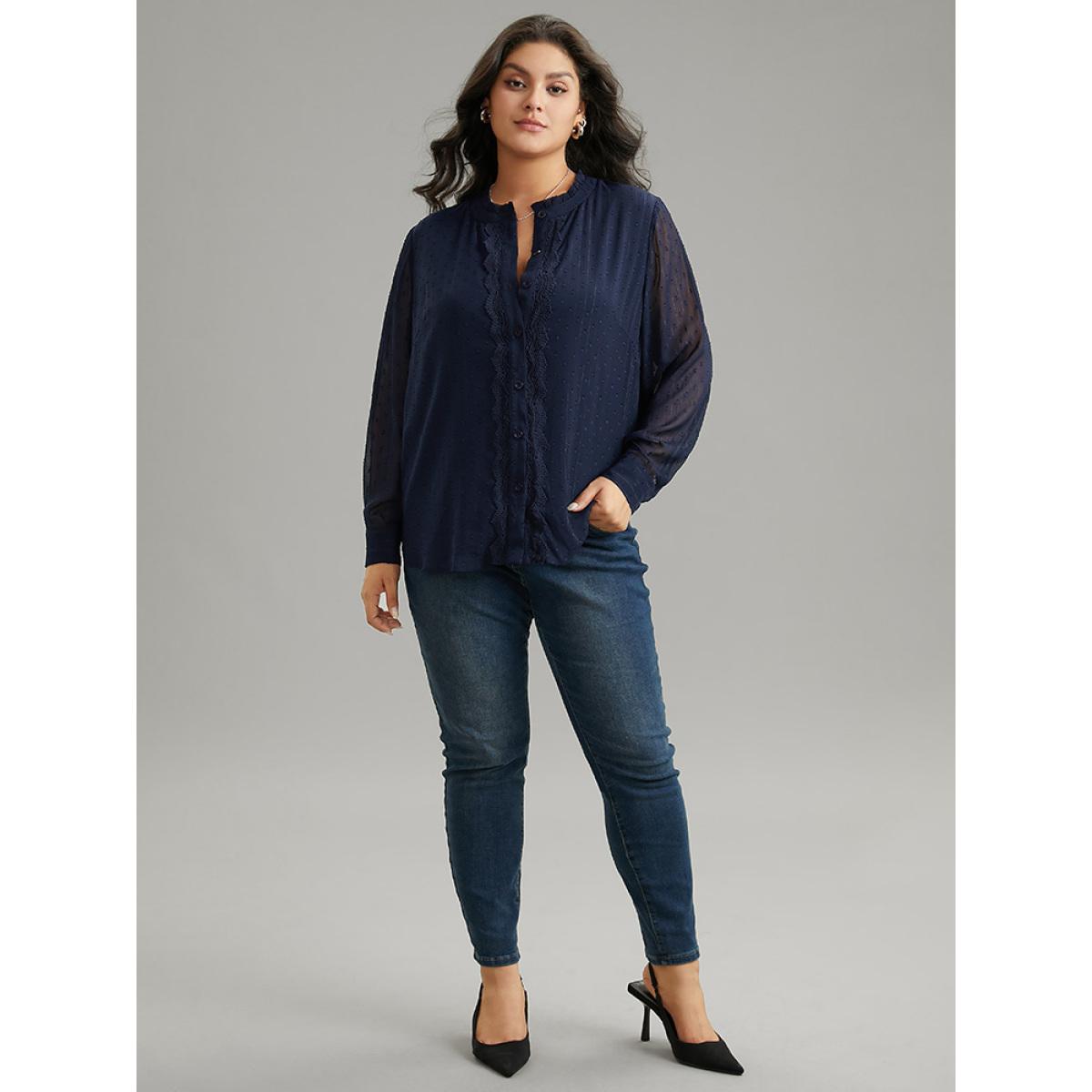 Plus Size Indigo Guipure Lace Mesh Button Through Blouse Women Elegant Long Sleeve Stand-up collar Dailywear Blouses BloomChic 14-16/1X Product Image