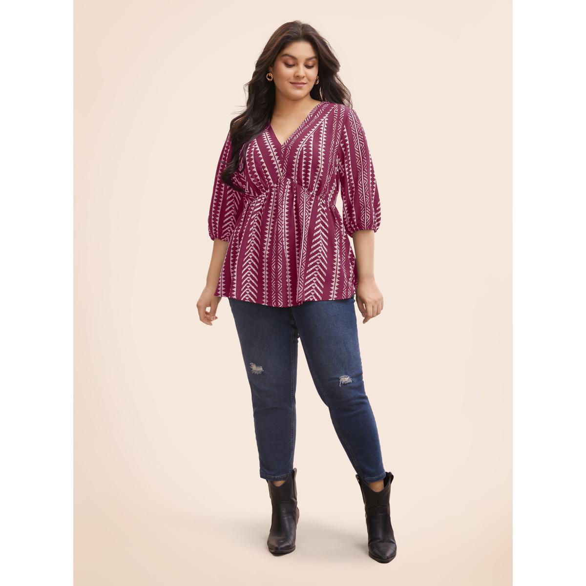 Plus Size RedViolet Bandana Geometric Lantern Sleeve Gathered Blouse Women Resort Elbow-length sleeve V-neck Vacation Blouses BloomChic 10/M Product Image
