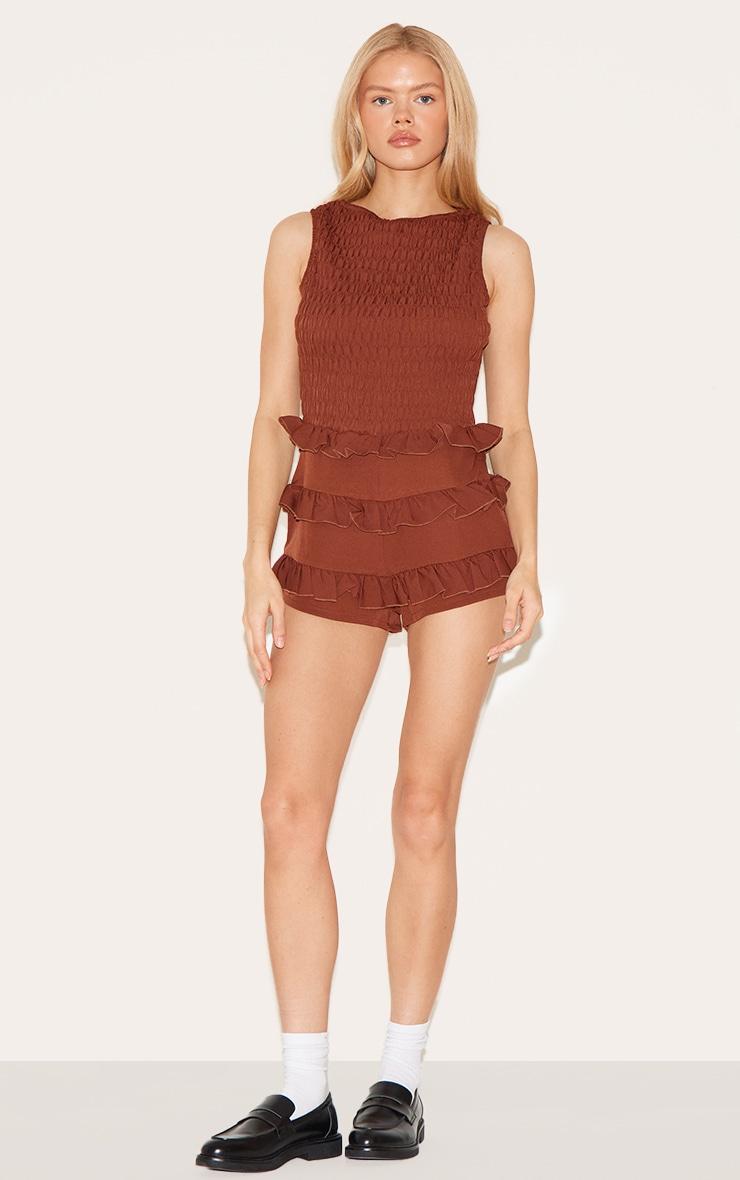 Chocolate Woven Shirred Boat Neck Romper Product Image
