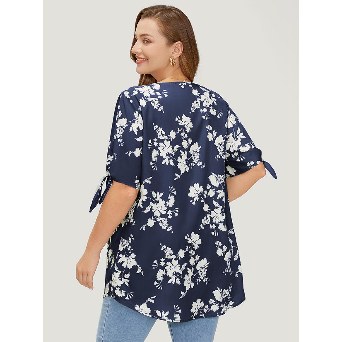 Plus Size Indigo Floral Knot Sleeve V Neck Blouse Women Elegant Short sleeve V-neck Dailywear Blouses BloomChic 18-20/2X Product Image