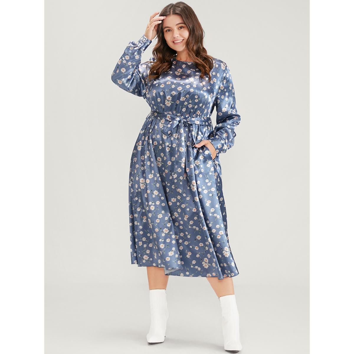 Plus Size Floral Keyhole Back Pocket Belted Satin Midi Dress Aegean Women Elegant Pocket Round Neck Long Sleeve Curvy Midi Dress BloomChic 14-16/1X Product Image