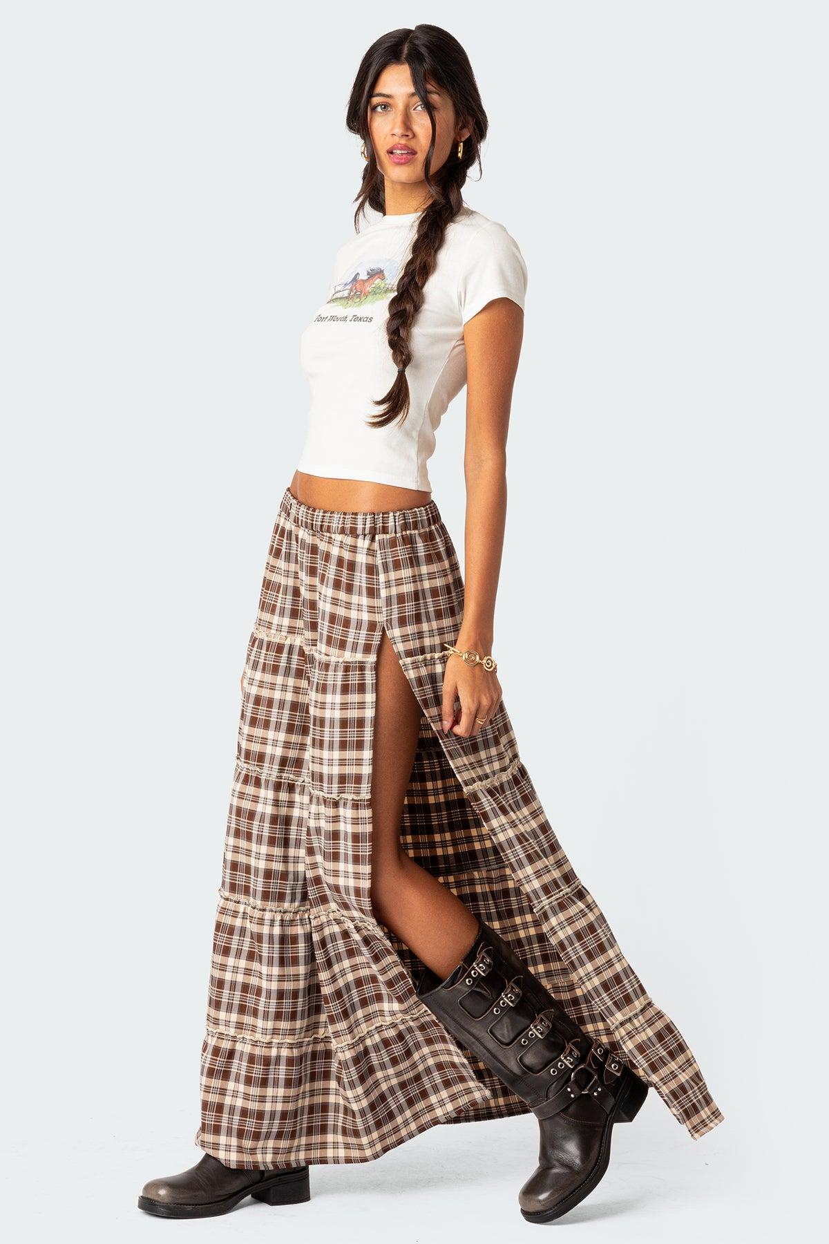 Plaid Side Slit Tiered Maxi Skirt Product Image
