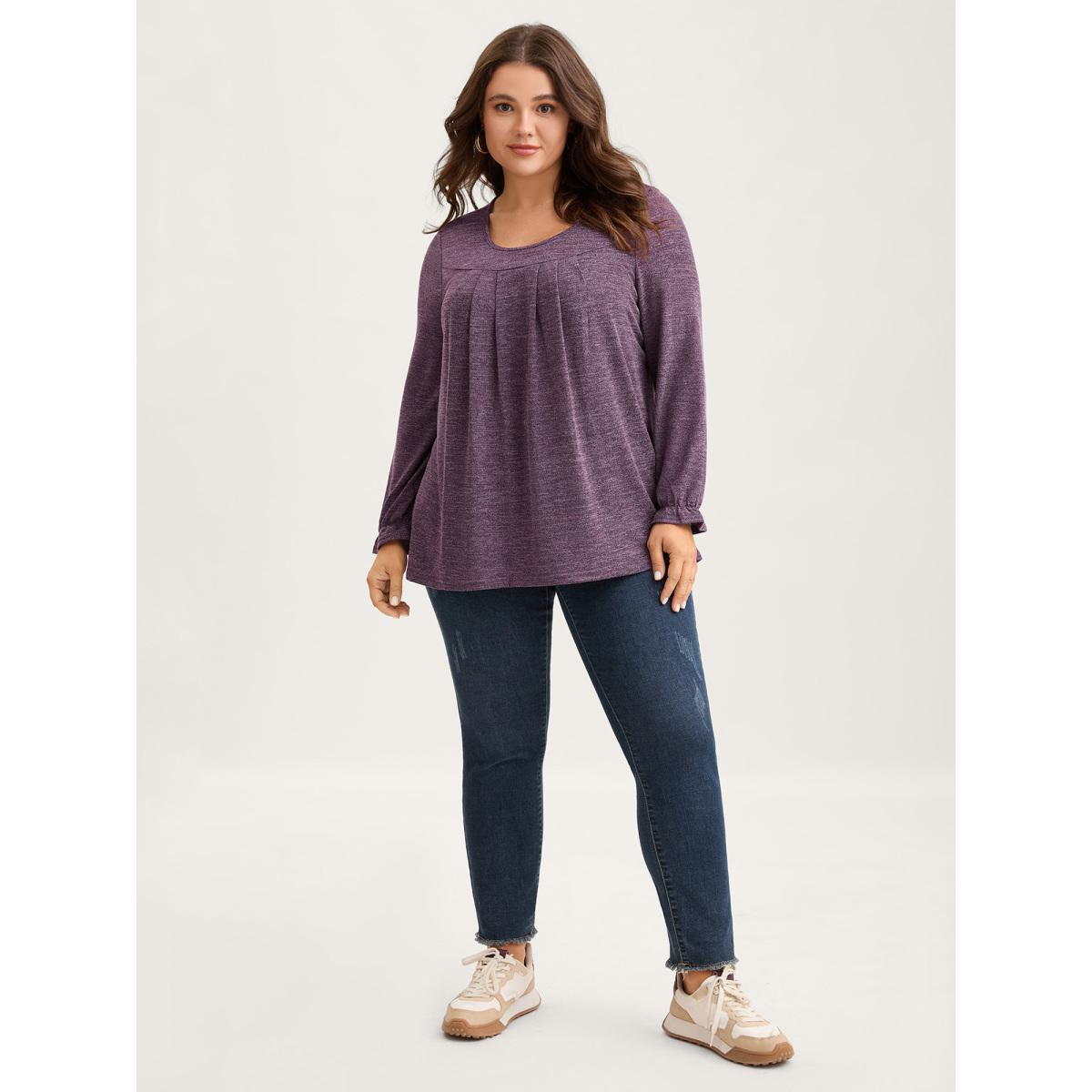Plus Size Round Neck Heather Pleated T-shirt Black Women Leisure Pleated Round Neck Loose Casual T-shirts BloomChic 26/4X Product Image