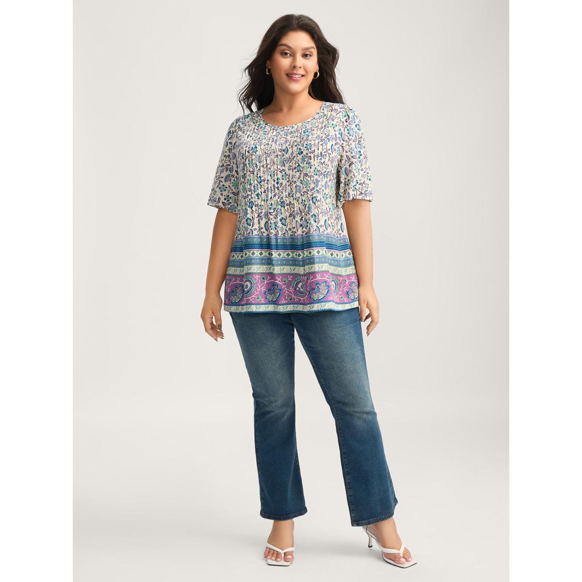 Plus Size Aegean Rayon Pleated Floral Print Blouse Women Boho Half Sleeve Round Neck Vacation Blouses BloomChic 12/L Product Image