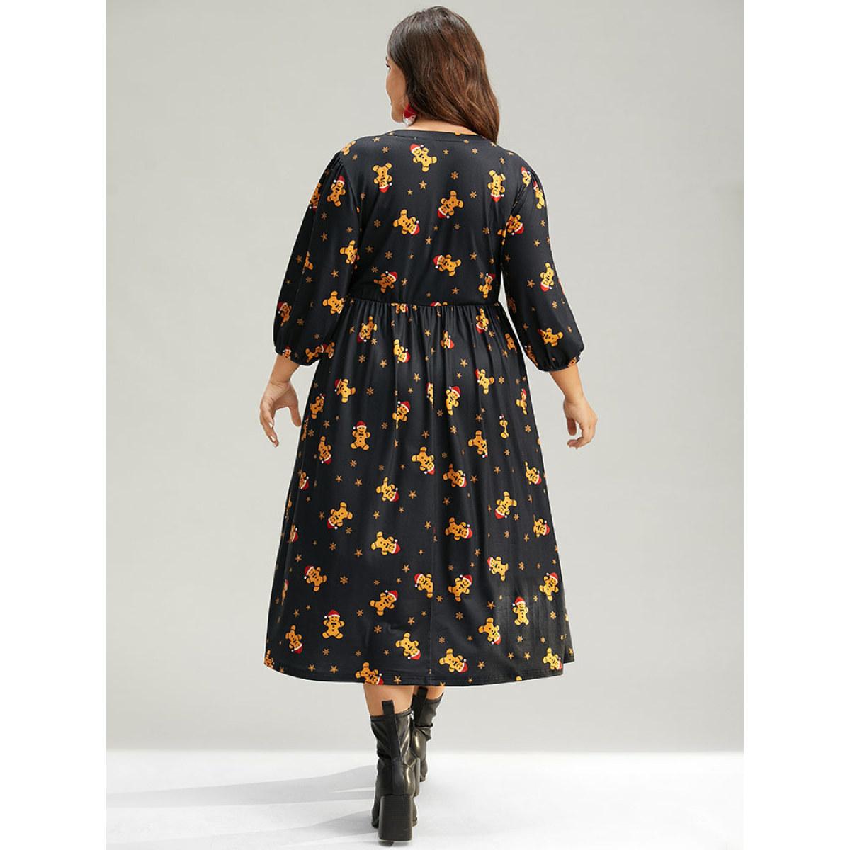 Plus Size Christmas Print Notched Pocket Elastic Waist Dress Multicolor Women Casual Elastic cuffs Notched collar Elbow-length sleeve Curvy Midi Dress BloomChic 28/5X Product Image