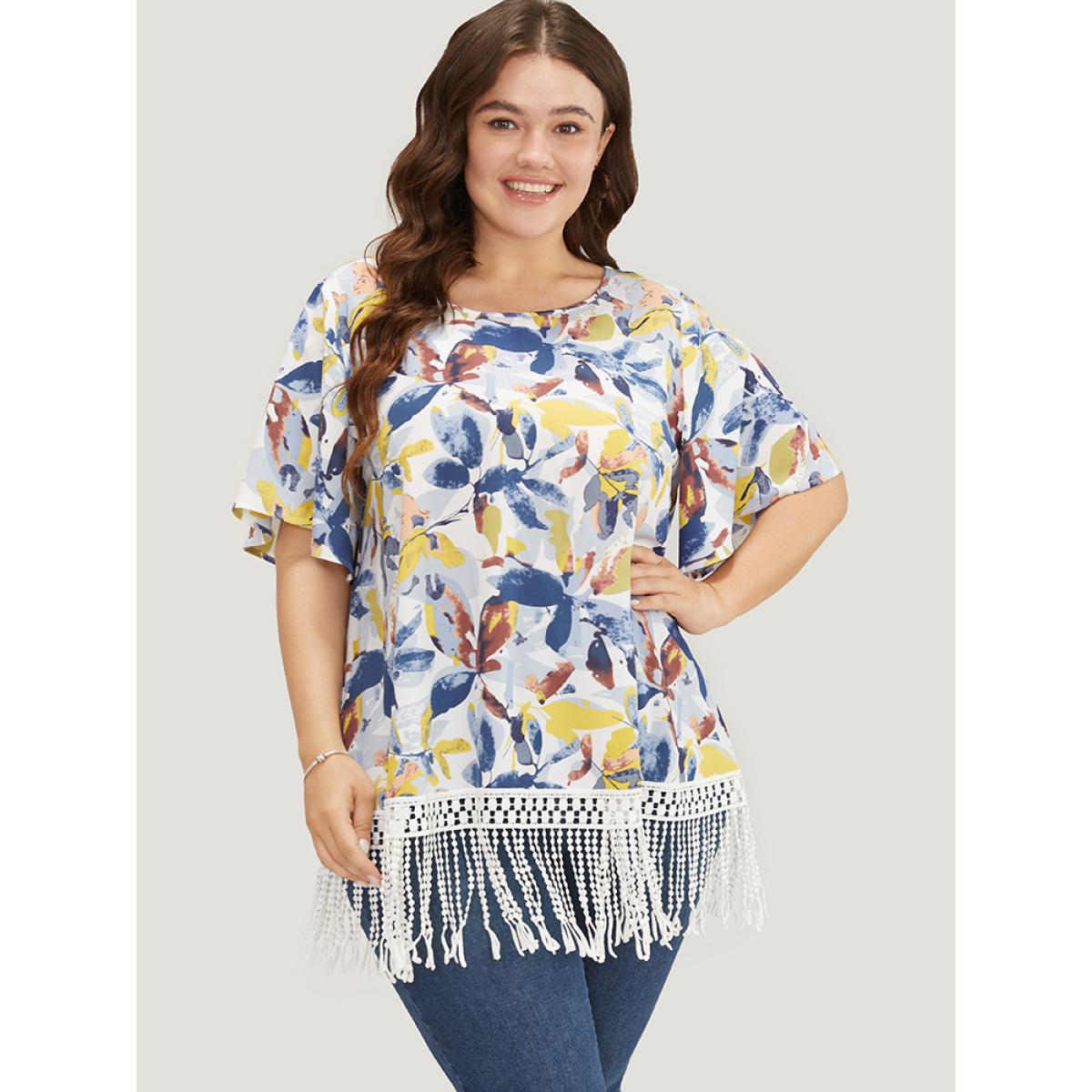 Plus Size Stone Plant Print Ruffle Sleeve Lace Fringe Hem Blouse Women Elegant Short sleeve Round Neck Dailywear Blouses BloomChic 14-16/1X Product Image