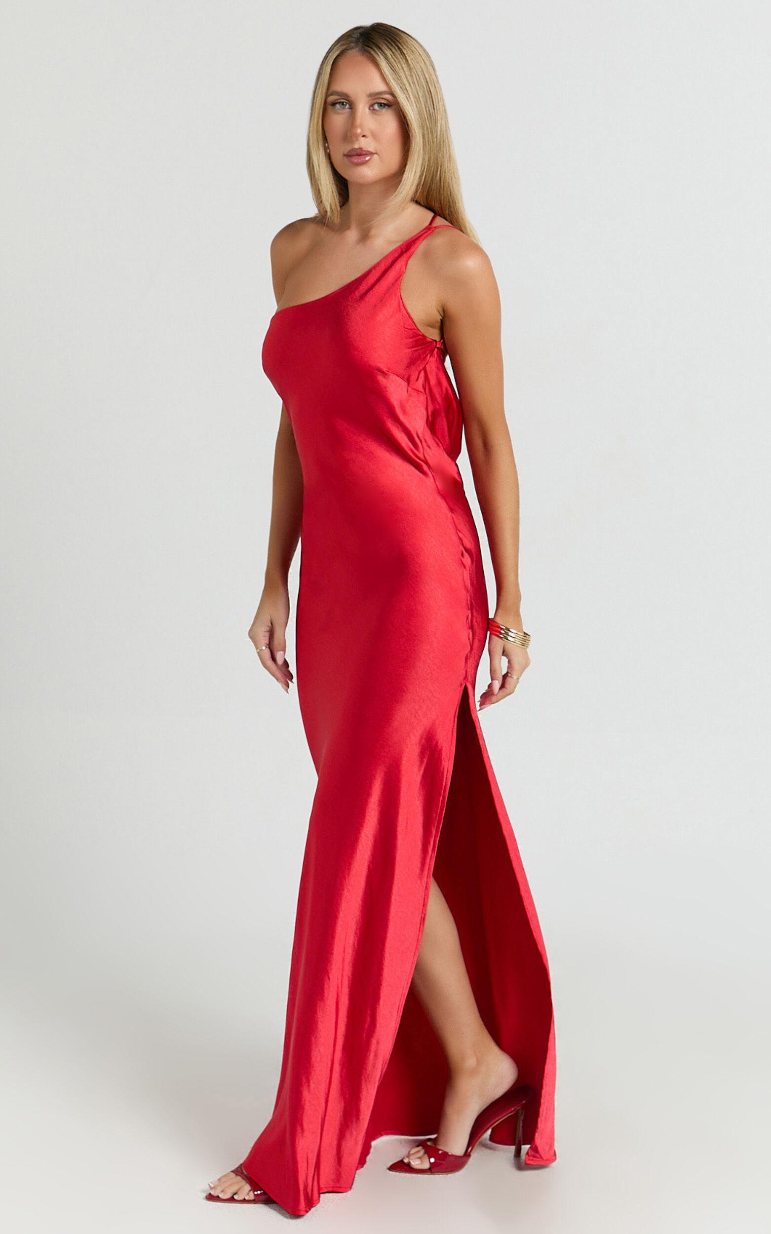 Helga Maxi Dress - Satin One Shoulder Cowl Back Bias Cut Dress in Red Product Image