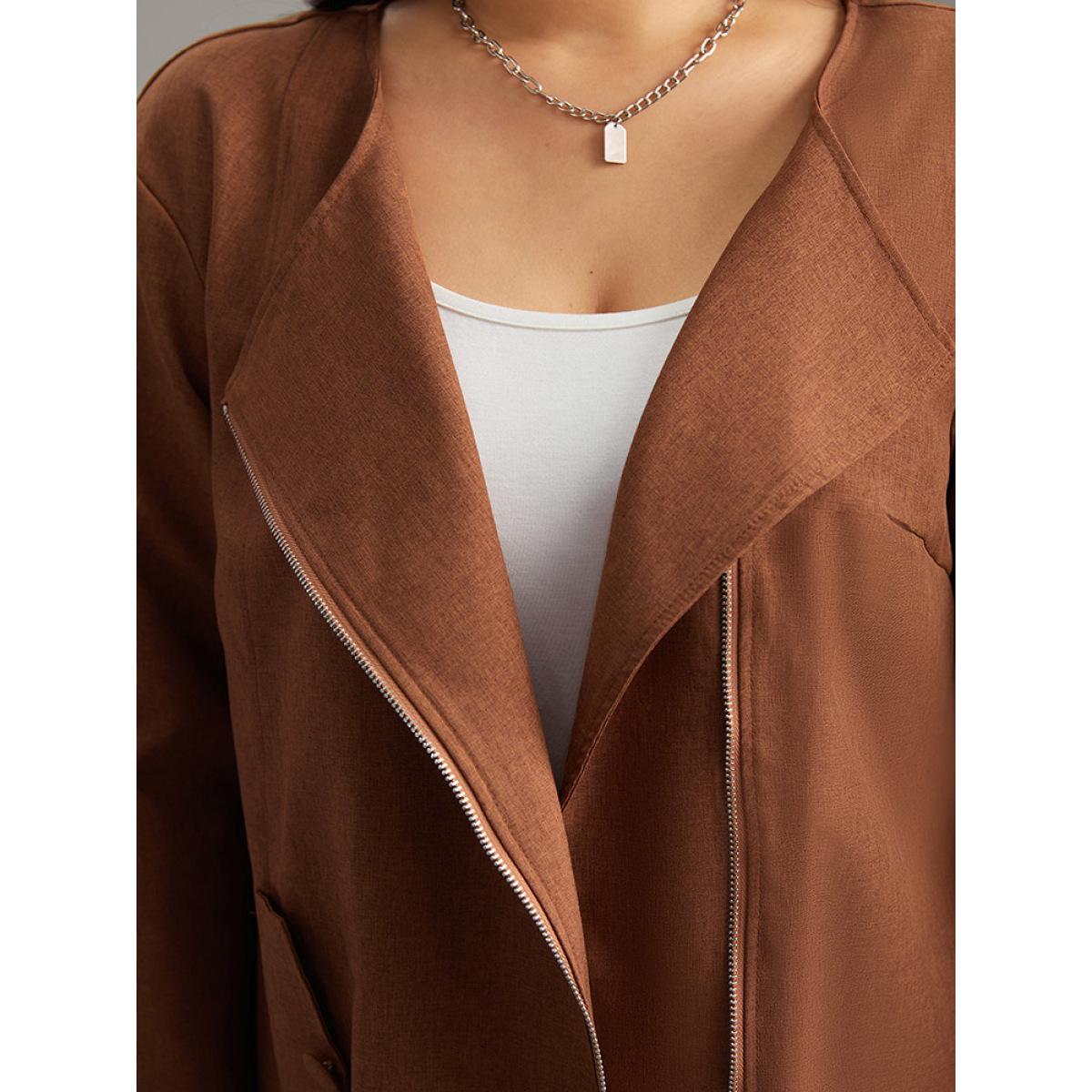 Plus Size Plain Asymmetrical Neck Zipper Jacket Women Chocolate Zipper Dailywear Jackets BloomChic 22-24/3X Product Image