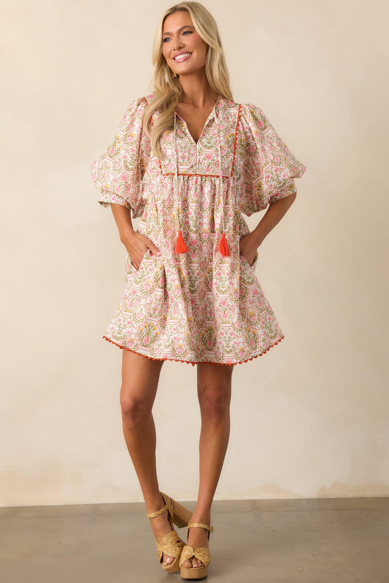 A Little Something Orange Geometric Floral Cotton Mini Dress Product Image