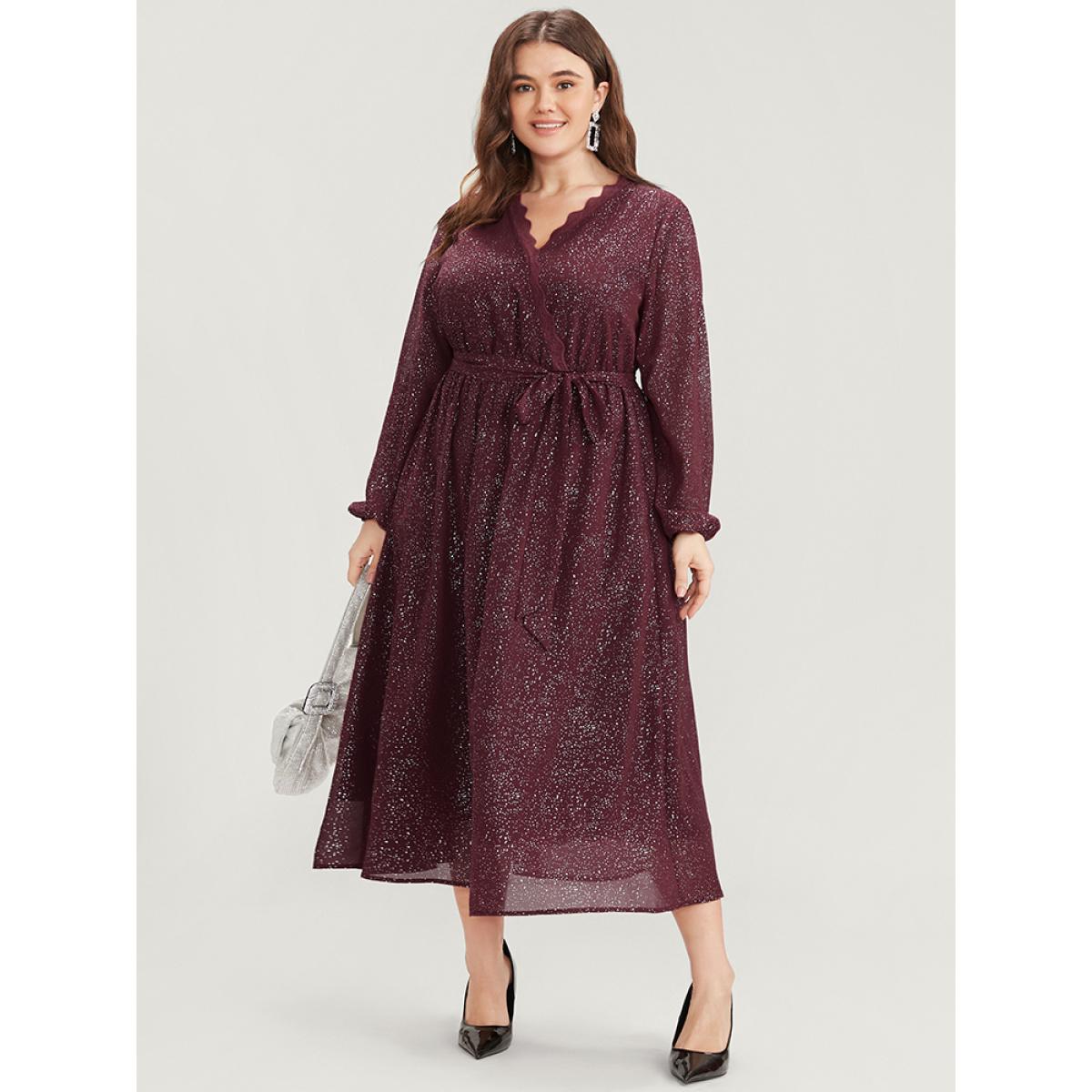 Plus Size Polka Dot Wrap Lace Trim Lantern Sleeve Pocket Belted Dress Burgundy Women Party Pocket V-neck Long Sleeve Curvy Midi Dress BloomChic 22-24/3X Product Image