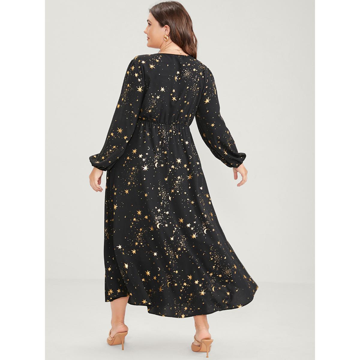 Plus Size Moon And Star Pocket Split Belted Bodycon Dress Black Women Party Pocket V-neck Long Sleeve Curvy Midi Dress BloomChic 22-24/3X Product Image