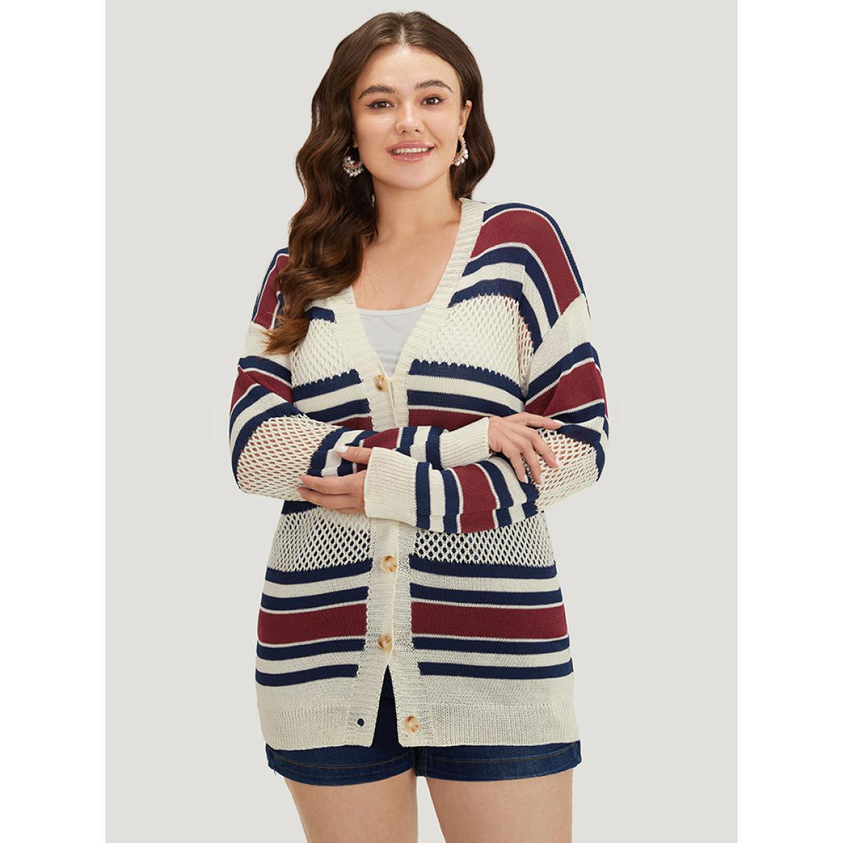 Plus Size Striped Hollow Out Patchwork Button Detail Cardigan Beige Women Casual Loose Long Sleeve Everyday Cardigans BloomChic 14-16/1X Product Image
