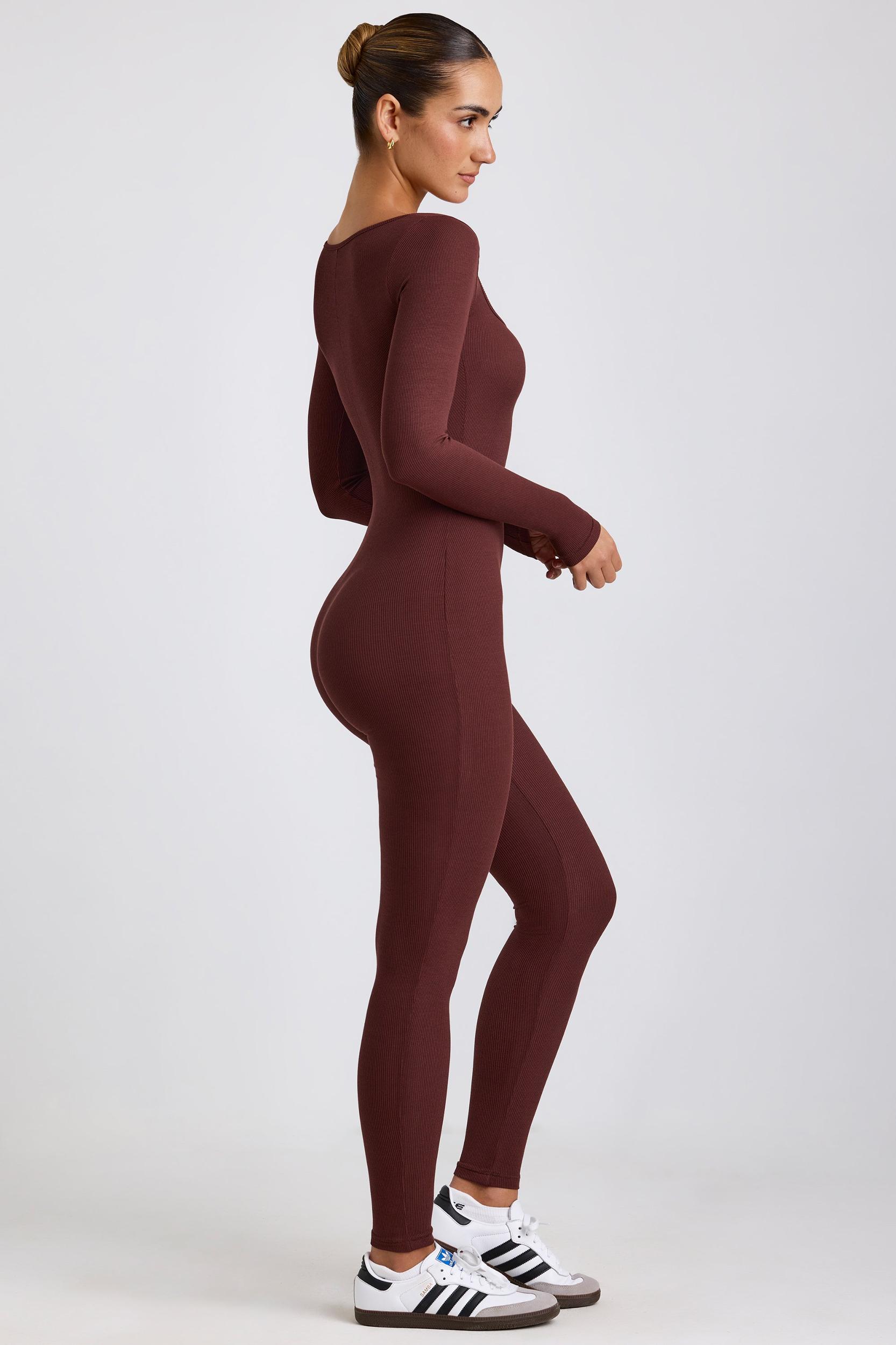 Ribbed Modal Long Sleeve Jumpsuit in Espresso Product Image