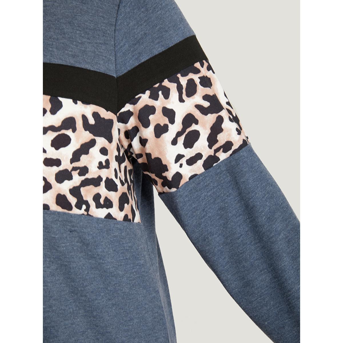 Plus Size Leopard Heather Patchwork Crew Neck T-shirt Blue Women Casual Patchwork Patchwork Round Neck Dailywear T-shirts BloomChic 12/L Product Image