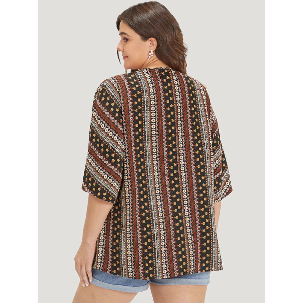 Plus Size Boho Print Open Front Half Sleeve Kimono Women DarkBrown Casual Printed Loose Dailywear Kimonos BloomChic 18-20/2X Product Image