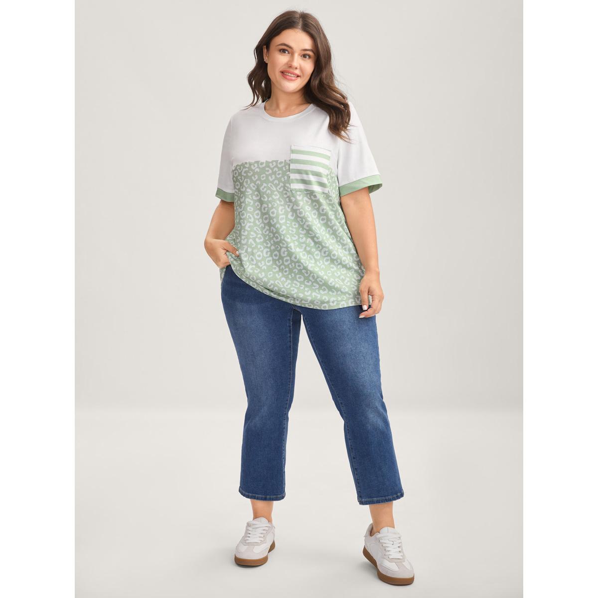 Plus Size Leopard Print Color Contrast T-Shirt Greenbean Women Leisure Contrast Round Neck Casual T-shirts BloomChic 18-20/2X Product Image