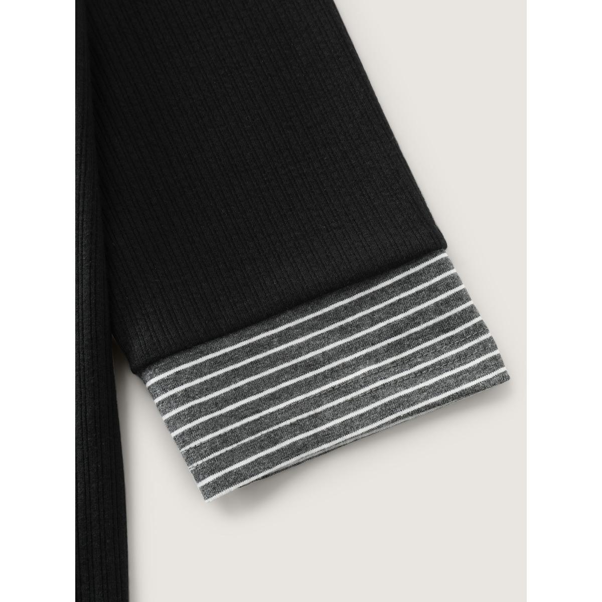 Plus Size Striped Contrast Button Placket T-Shirt Black Women Leisure Texture Round Neck Casual T-shirts BloomChic 26/4X Product Image