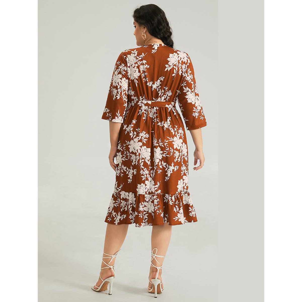 Plus Size Silhouette Floral Print Ties Wrap Dress Rust Women Elegant Cross straps V-neck Elbow-length sleeve Curvy Midi Dress BloomChic 12/L Product Image