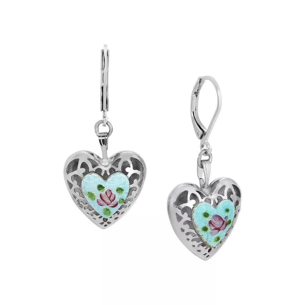 1928 Heart Floral Enamel Leverback Earrings, Women's, Blue Product Image