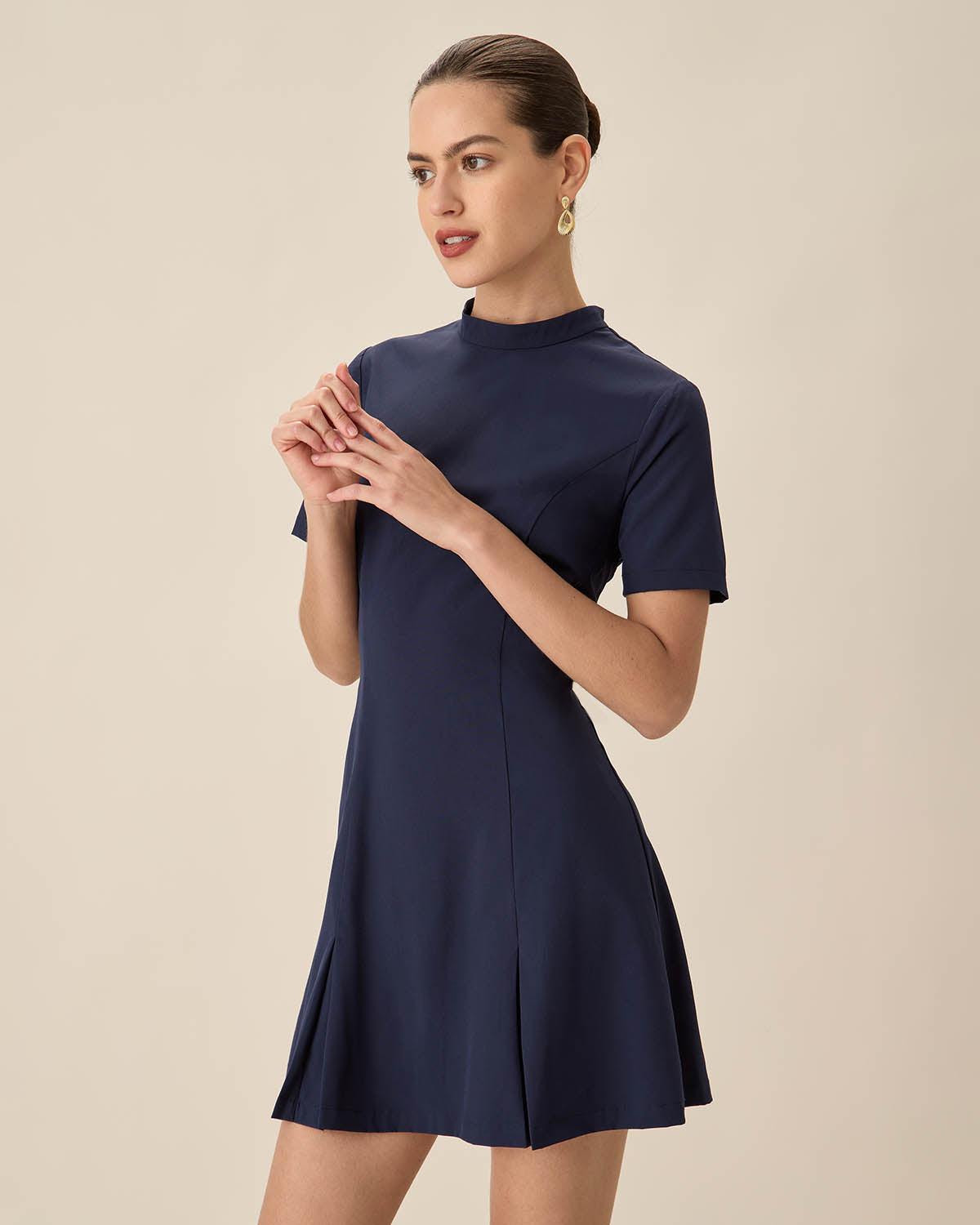 Blue Mock Neck Pleated Mini Dress Product Image