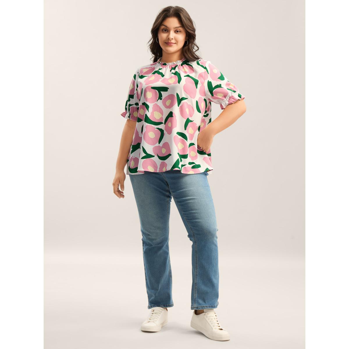 Plus Size Originalwhite Floral Print Ruffled Neck Puffy Sleeve Blouse Women Playful Short sleeve Round Neck Casual Blouses BloomChic 10/M Product Image