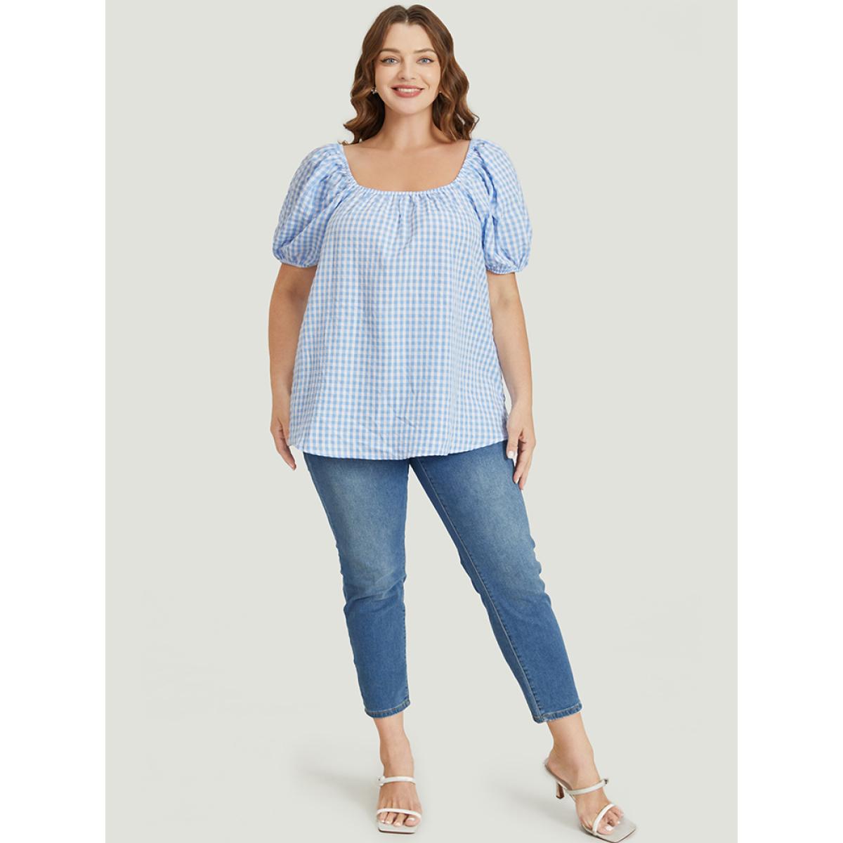 Plus Size LightBlue Gingham Print Square Neck Puff Sleeve Blouse Women Vacation Short sleeve Square Neck Dailywear Blouses BloomChic 10/M Product Image