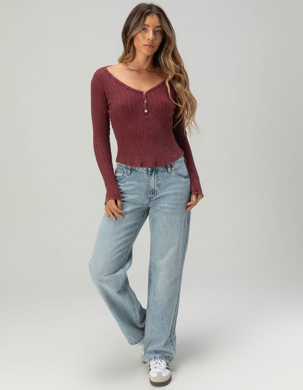FULL TILT Womens Rib Long Sleeve Henley Top - BURGUNDY Product Image