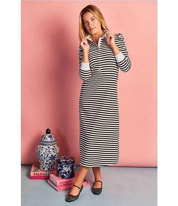 Buru Knit Rugby Stripe Contrast Point Collar Long Sleeve Button Front A-Line Midi Dress Product Image