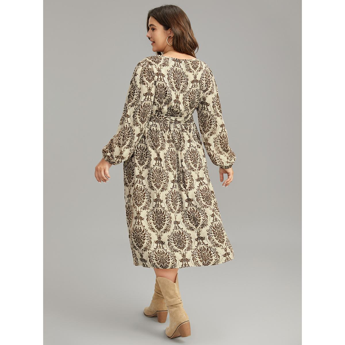 Plus Size Supersoft Essentials Boho Print Elastic Waist Belted Dress Tan Women Vacation Elastic cuffs Overlap Collar Long Sleeve Curvy Midi Dress BloomChic 14-16/1X Product Image