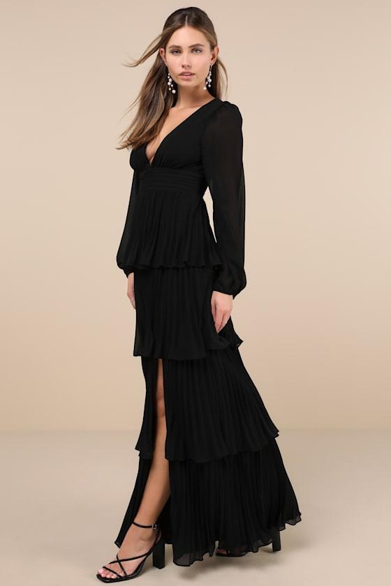 Graceful Finesse Black Pleated Long Sleeve Maxi Dress Product Image