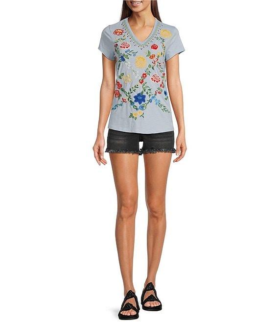 Reba Mid Rise 5 Pocket Frayed Hem Stretch Denim Cut Off Shorts Product Image
