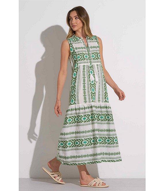 ELAN Geometric Print Tassel Split V-Neck Sleeveless Midi Dress Product Image