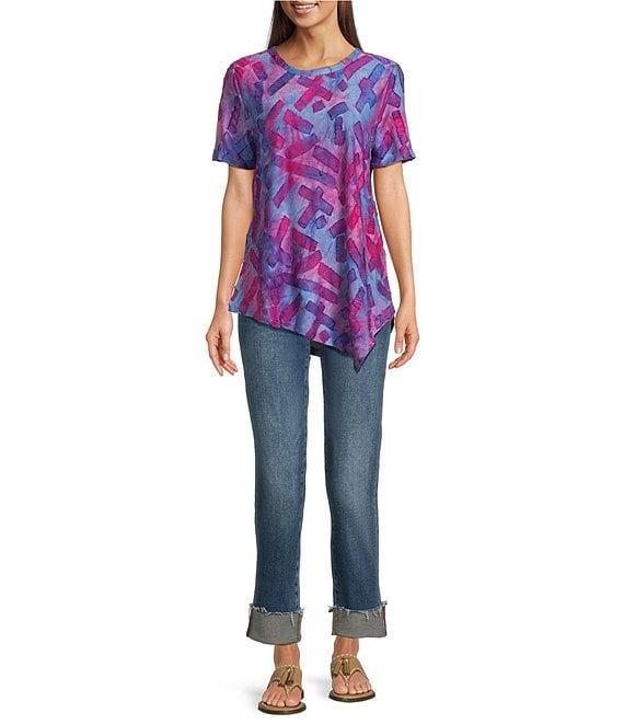 Calessa Petite Size Burnout Knit Tie-Dye Round Neck Short Sleeve Asymmetric Hem Tunic Product Image