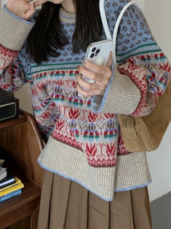 Vintage Jacquard Splice Knit Sweater Product Image
