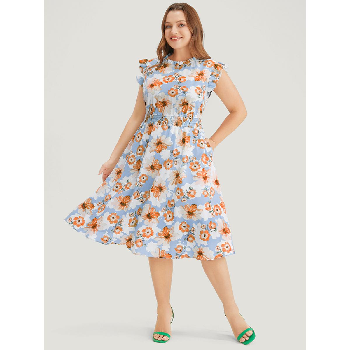 Plus Size Floral Shirred Mock Neck Ruffle Trim Pocket Flutter Dress LightBlue Women Elegant Pocket Mock Neck Sleeveless Curvy Midi Dress BloomChic 10/M Product Image