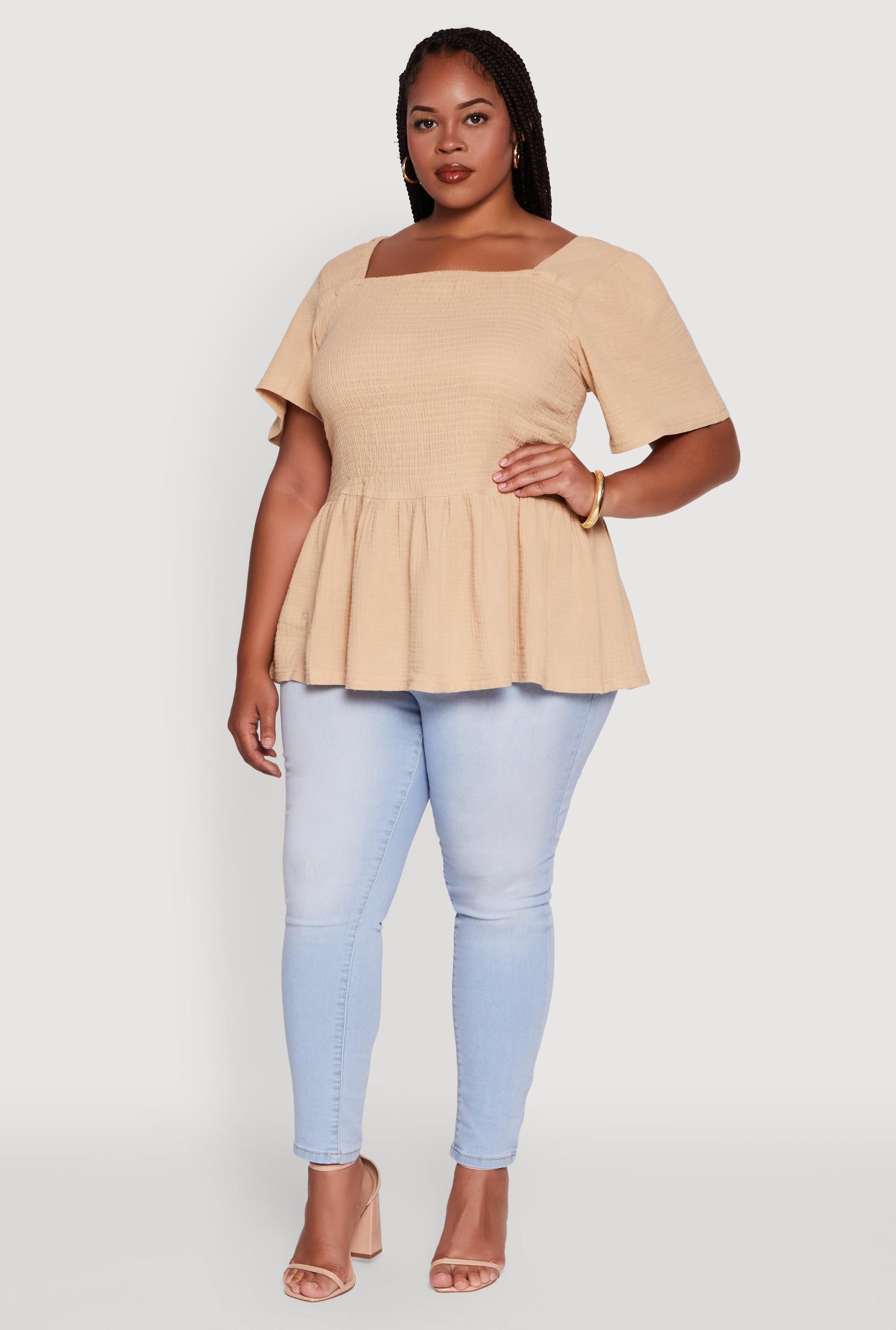 Womens Plus Size Smocked Square Neck Peplum Top Product Image