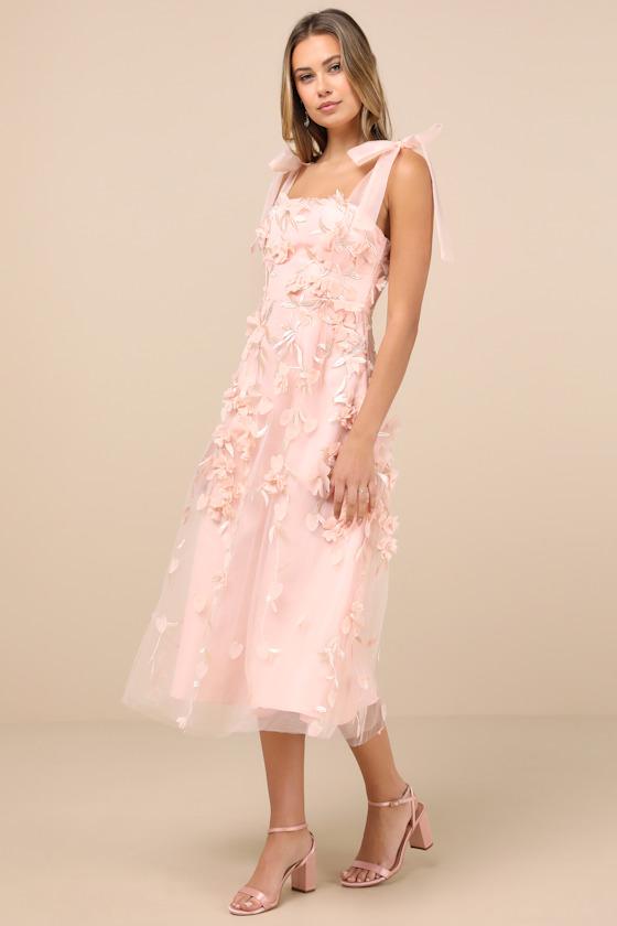 Effortlessly Sweet Blush Tulle 3D Floral Tie-Strap Midi Dress Product Image