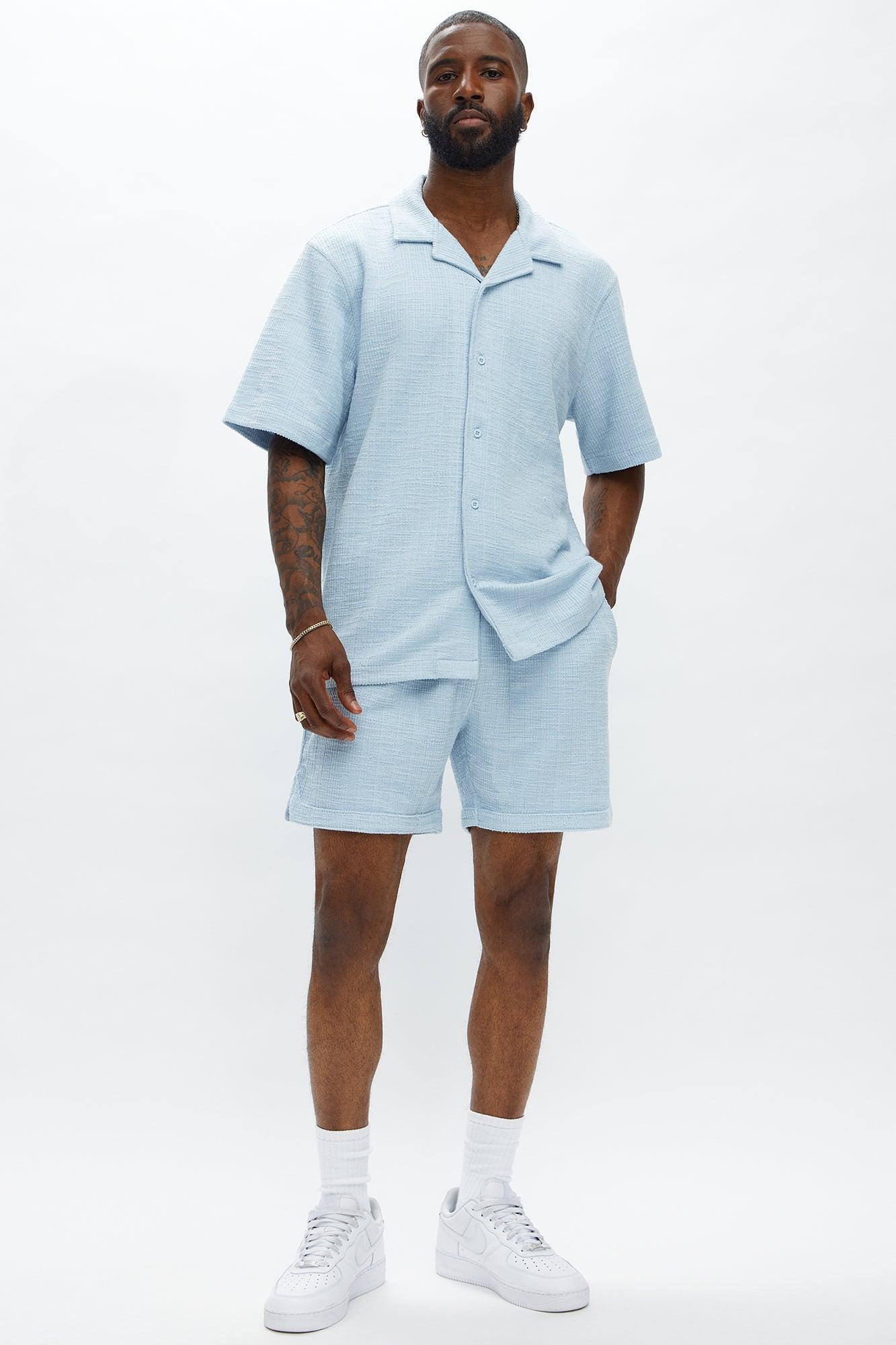 Dean Textured Short Sleeve Button Up Shirt - Light Blue Product Image