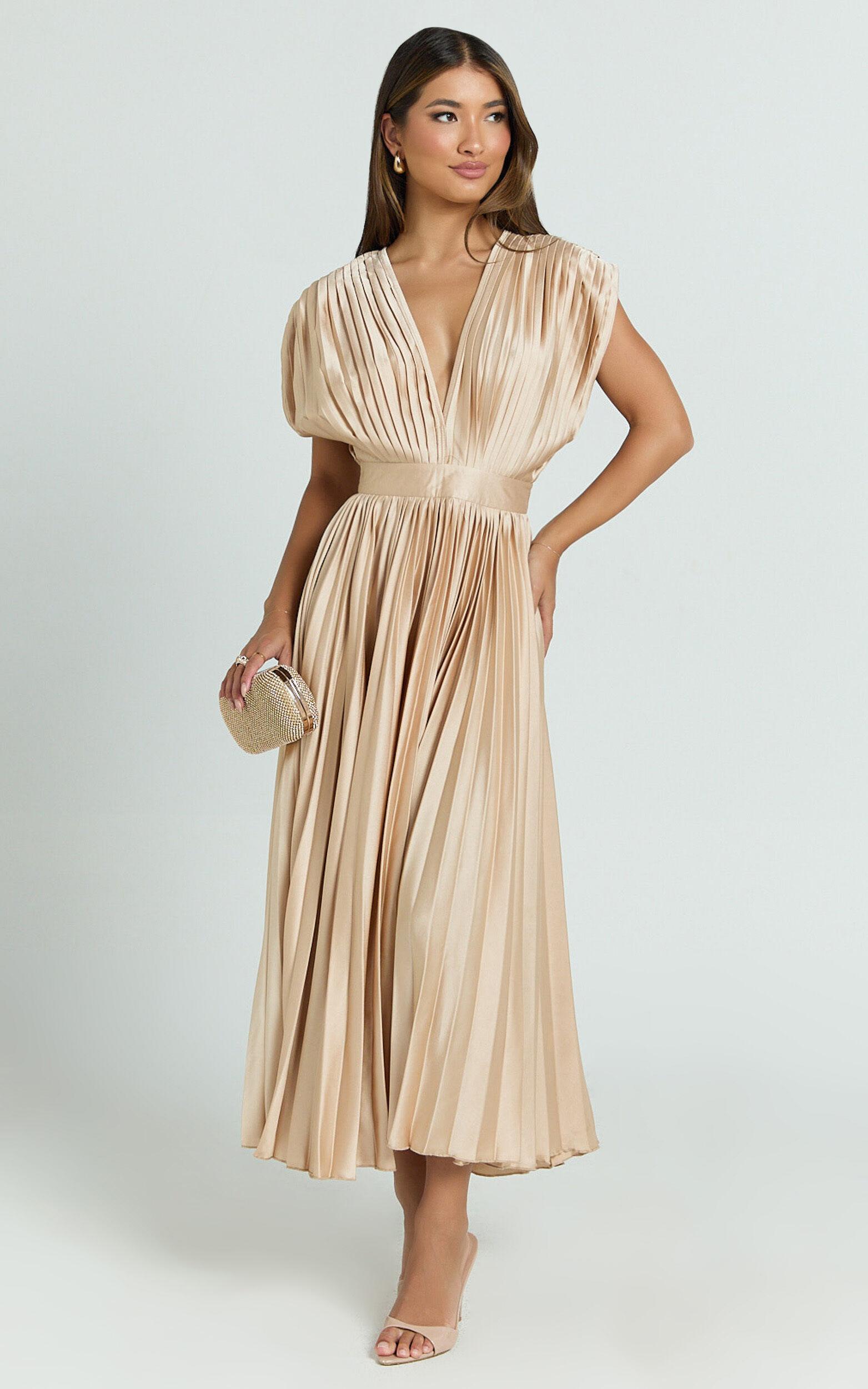 Della Midi Dress - Plunge Neck Short Sleeve Pleated Dress in Champagne Product Image