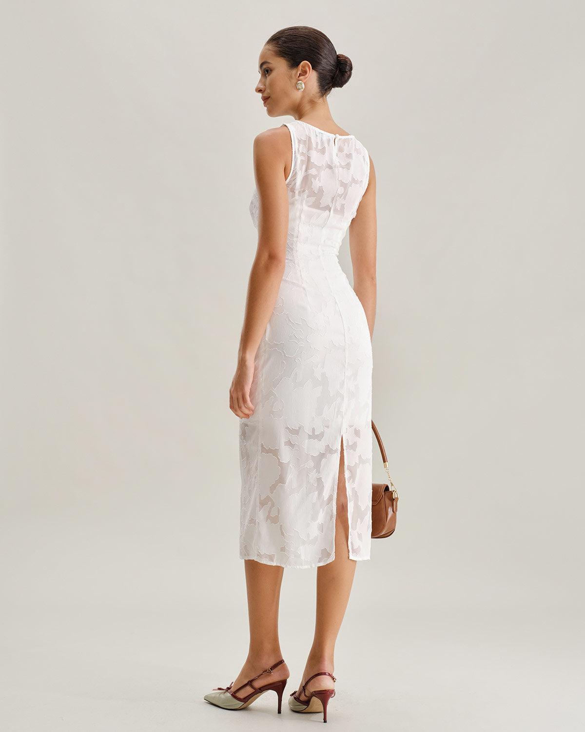 White Lace Boat Neck Midi Dress Product Image