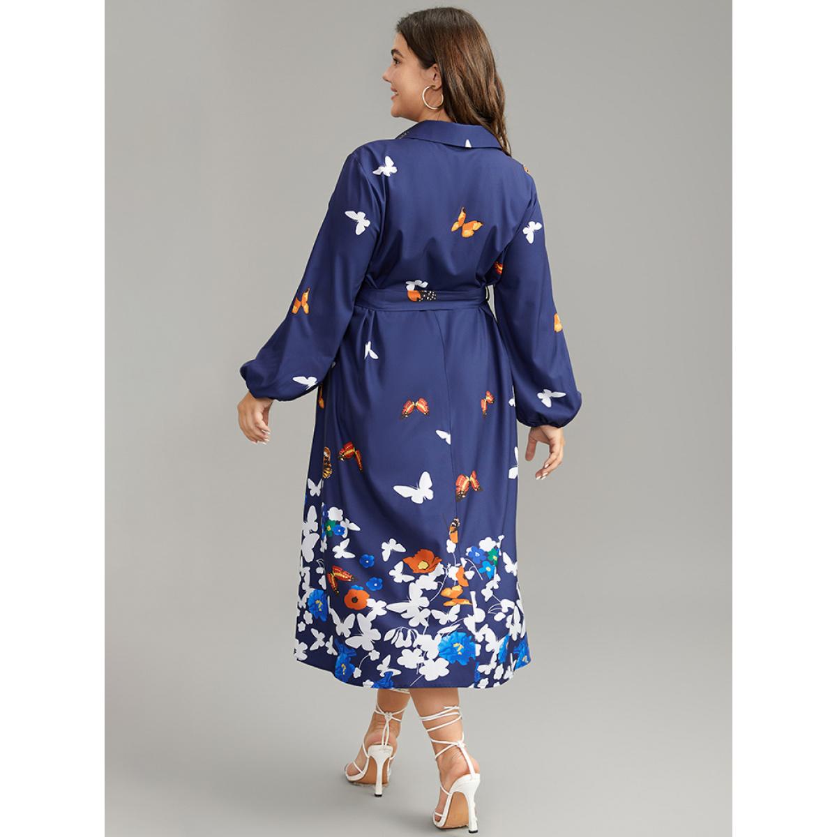 Plus Size Butterfly Print Gathered Button Up Belted Dress Navy Women Vacation Elastic cuffs Shirt collar Long Sleeve Curvy Midi Dress BloomChic 12/L Product Image