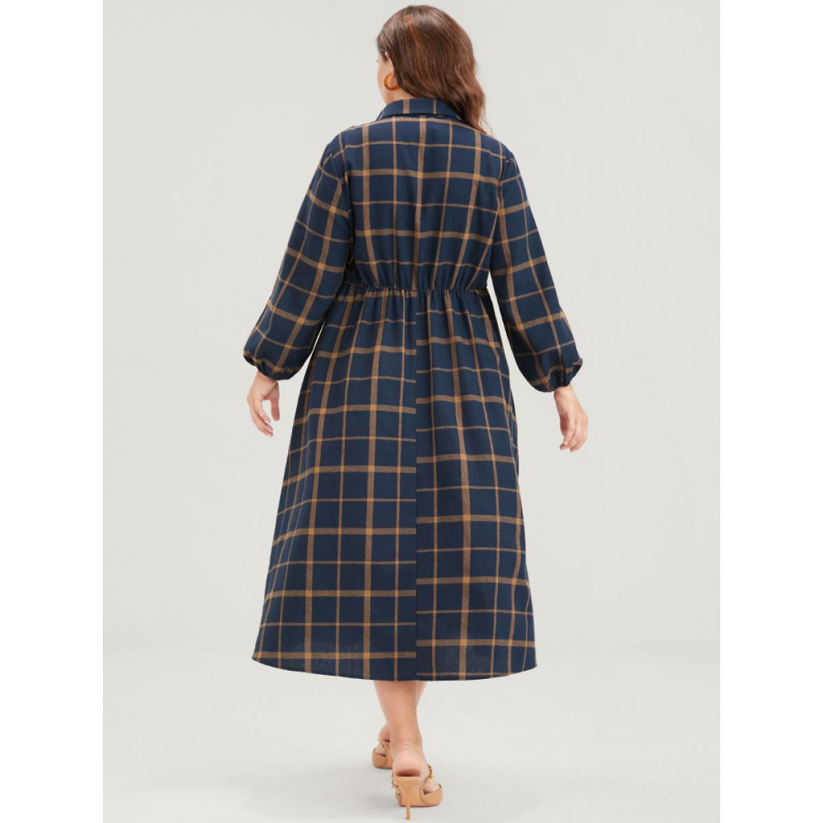Plus Size Plaid Button Up Pocket Shirt Collar Flutter Hem Dress Without Belt DarkBlue Women Office Slit Shirt collar Long Sleeve Curvy Midi Dress BloomChic 14-16/1X Product Image