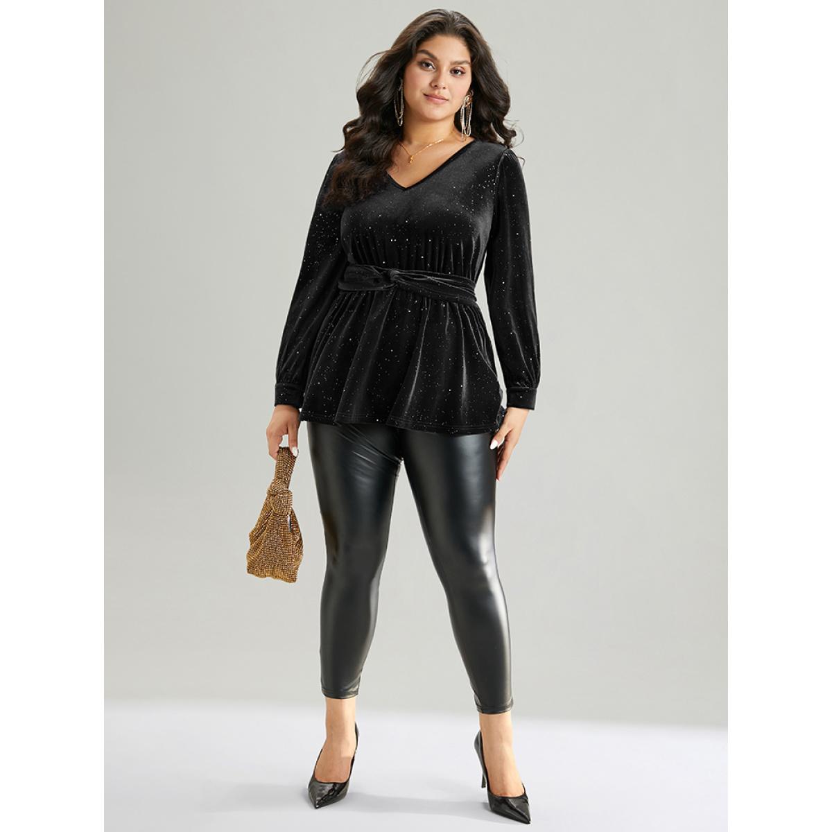 Plus Size Black Glitter Sequin Velvet Twist Front V Neck Blouse Women Cocktail Long Sleeve V-neck Party Blouses BloomChic 14-16/1X Product Image