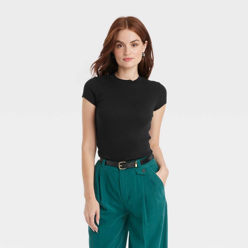 Women's Slim Fit Short Sleeve Ribbed T-Shirt - A New Day™ Black 2X: Cotton Modal Blend, Crew Neck, Pullover Style Product Image