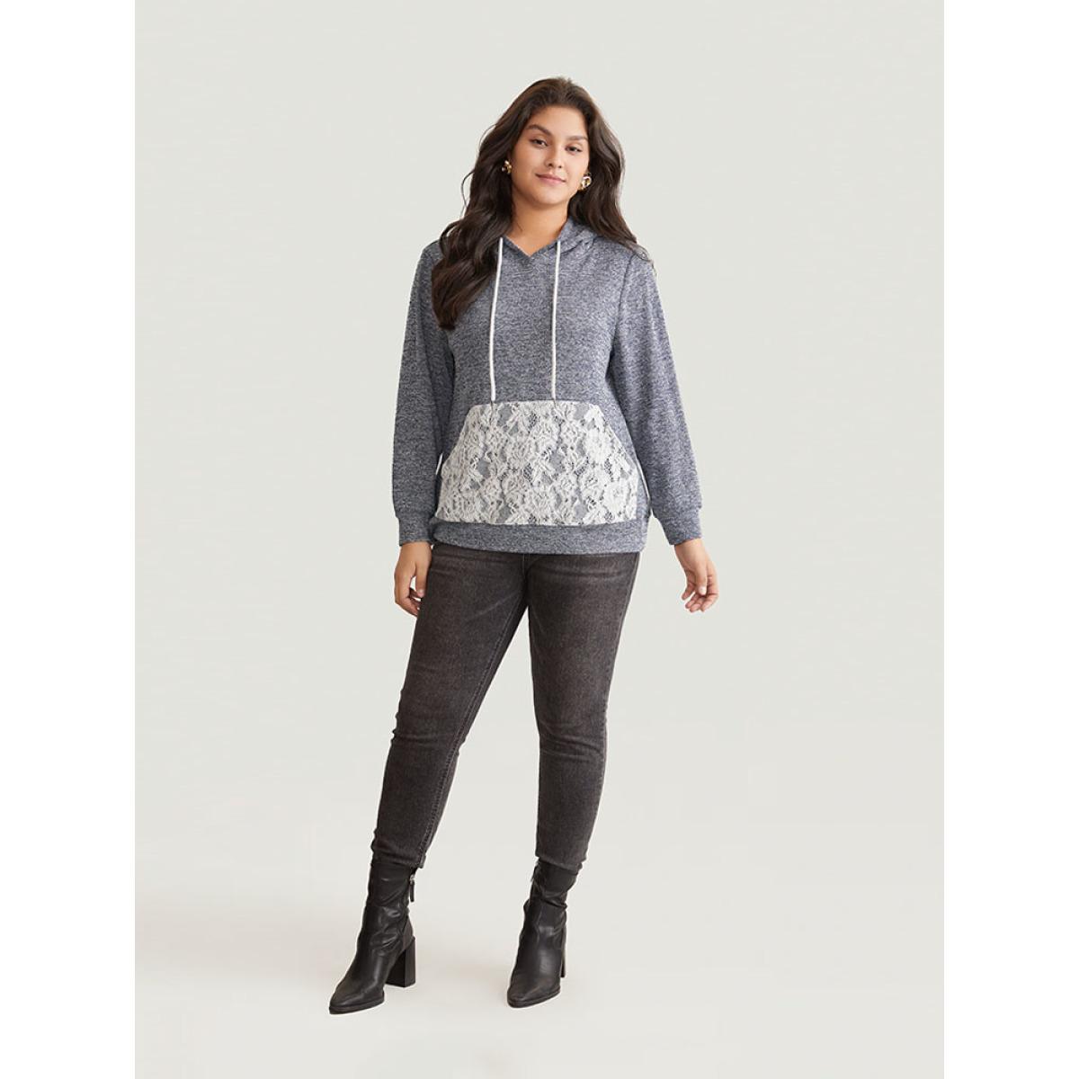 Plus Size Crochet Lace Patchwork Pocket Hooded Sweatshirt Women Indigo Casual Contrast Hooded Everyday Sweatshirts BloomChic 10/M Product Image