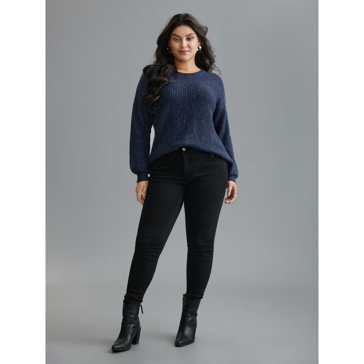 Plus Size Back Cut-Out Textured Drop Shoulder Sleeve Pullover Indigo Women Casual Loose Long Sleeve Round Neck Everyday Pullovers BloomChic 18-20/2X Product Image