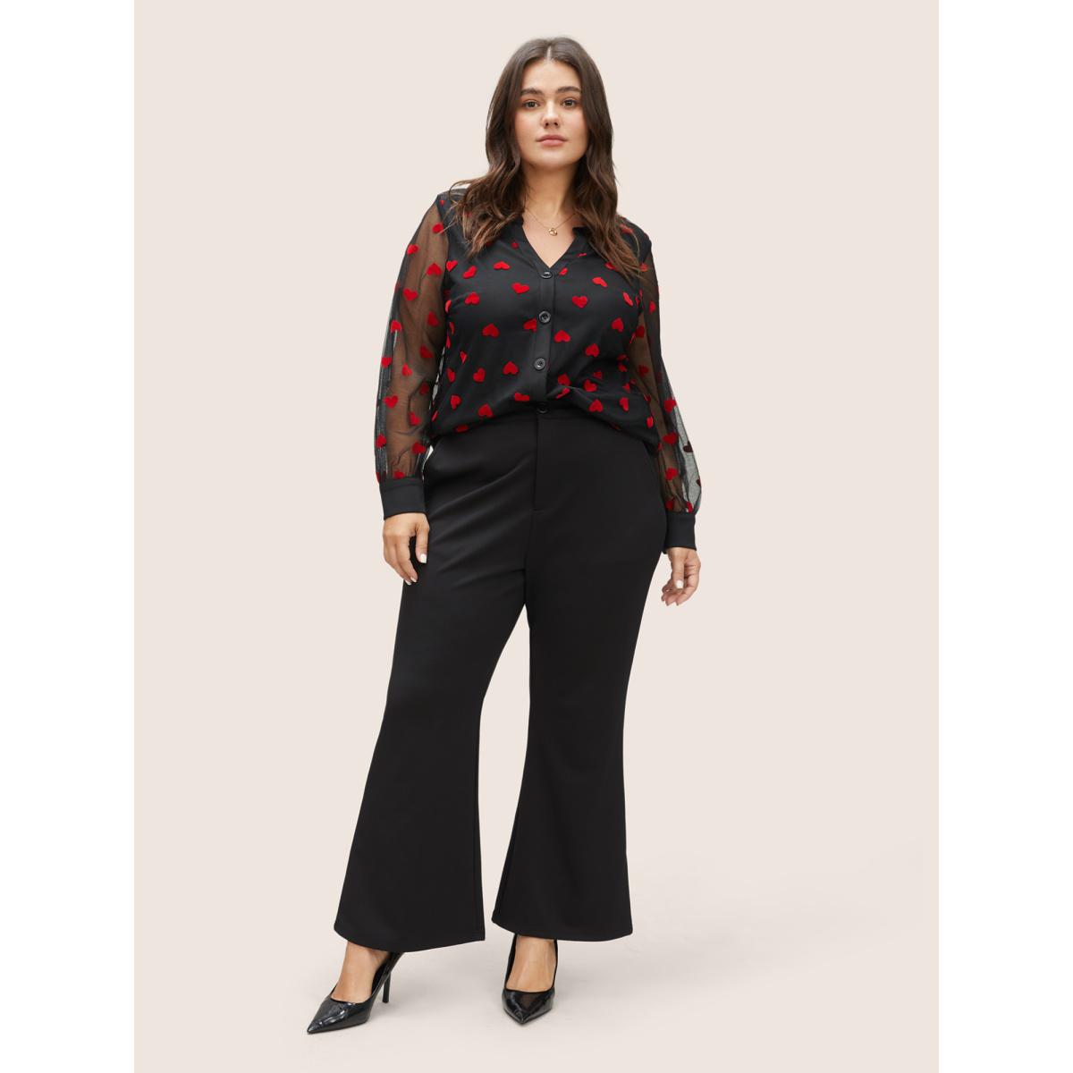 Plus Size Black Heart Mesh Patchwork V Neck Blouse Women Cocktail Long Sleeve V-neck Party Blouses BloomChic 10/M Product Image