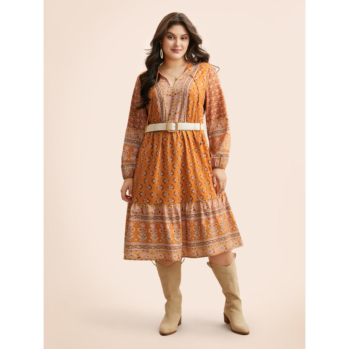 Plus Size Boho Print Tie Knot Midi Dress Turmeric Women Resort Tie knot V-neck Long Sleeve Curvy BloomChic 10/M Product Image