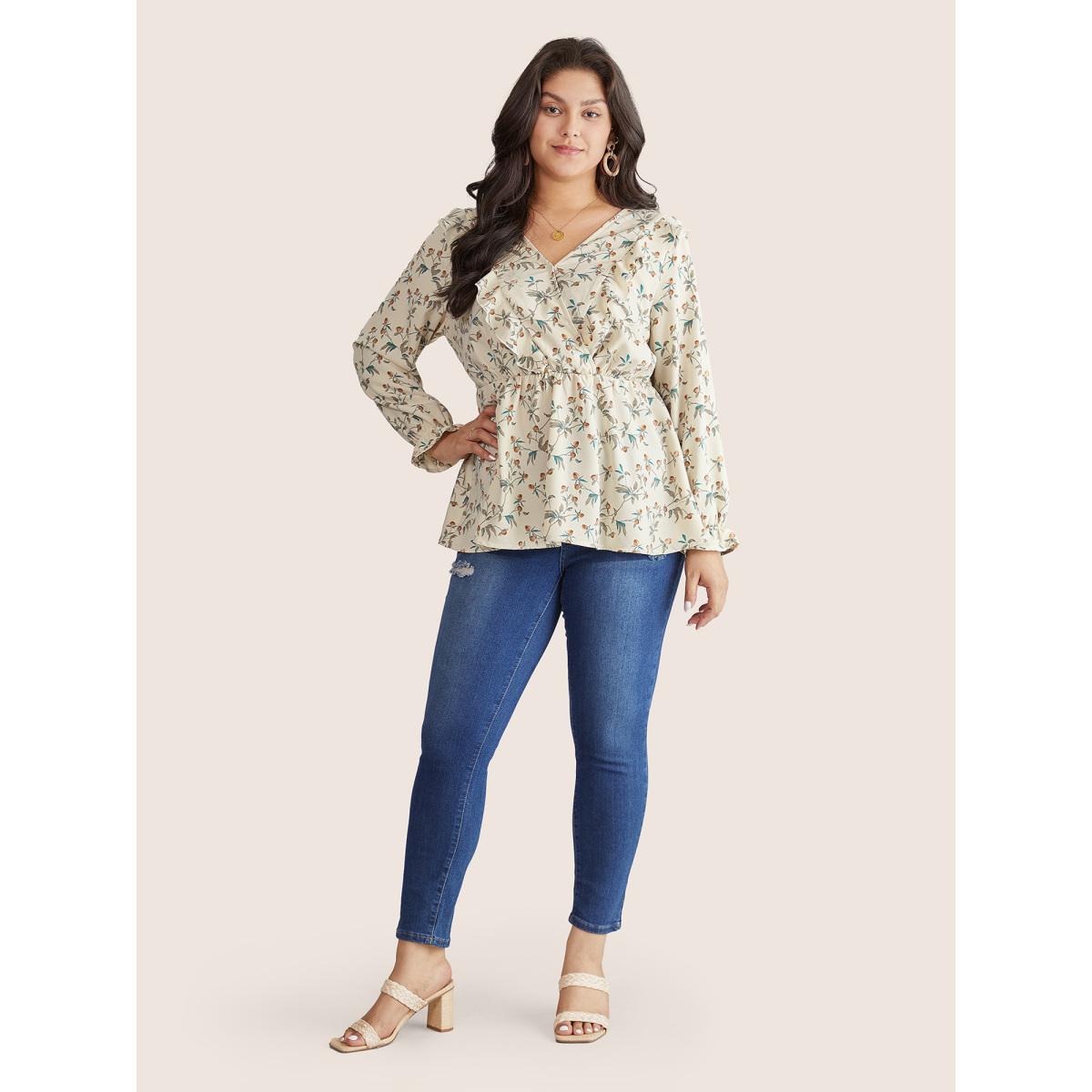 Plus Size Apricot Ditsy Floral Overlap Collar Ruffle Trim Blouse Women Elegant Long Sleeve Overlap Collar Everyday Blouses BloomChic 14-16/1X Product Image