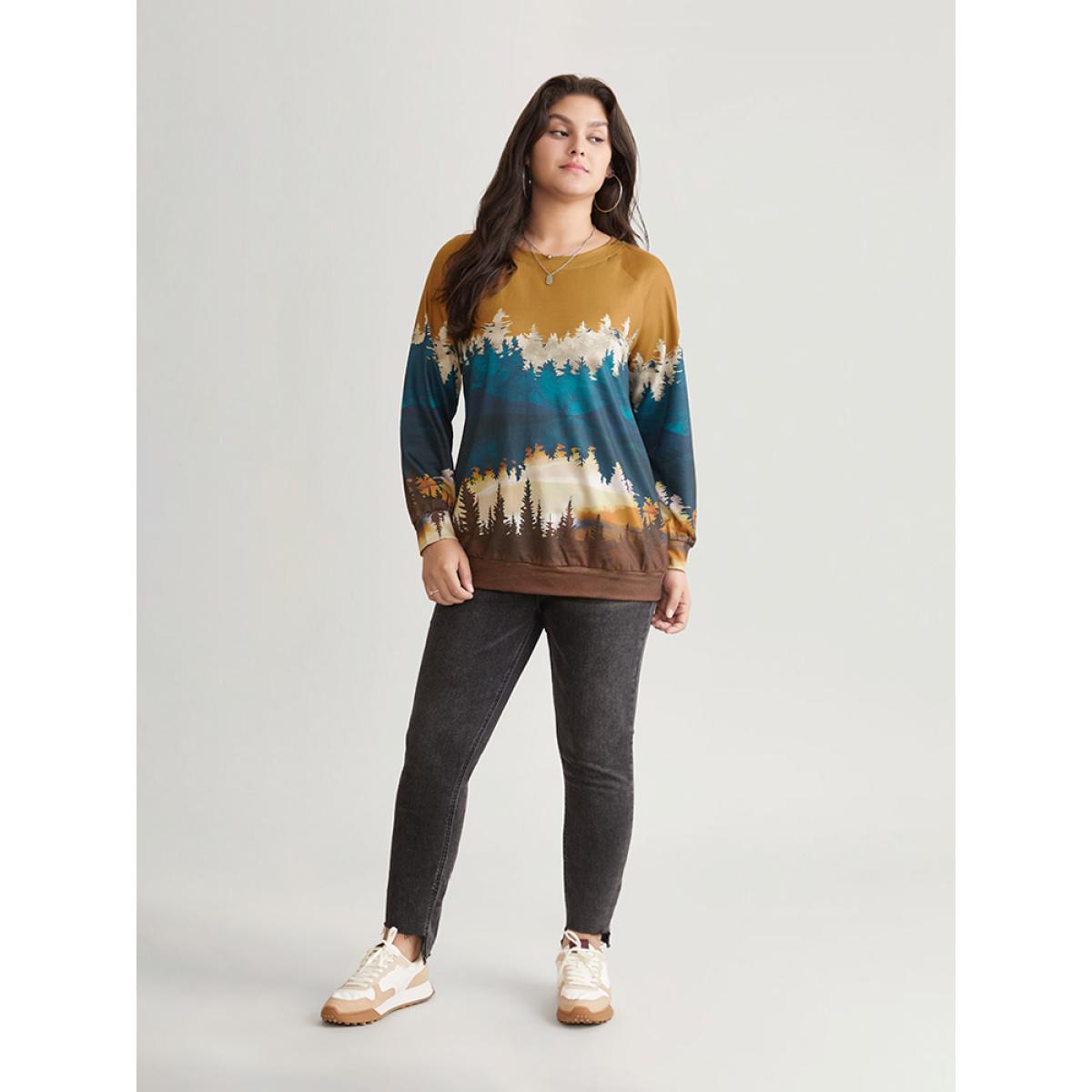 Plus Size Forest Ombre Crew Neck Raglan Sleeve Sweatshirt Women Bronze Casual Printed Round Neck Dailywear Sweatshirts BloomChic 18-20/2X Product Image